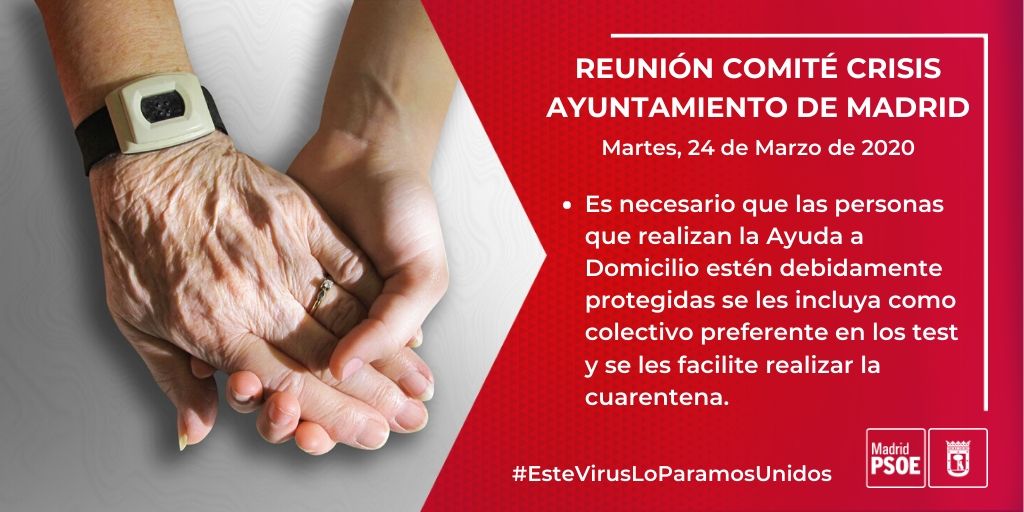 PSOEMadridAyto's tweet photo. #ComiteDeCrisis las personas que realizan la Ayuda a Domicilio deben estar debidamente protegidas, además hay que incluirlas como colectivo preferente en los test y facilitarles poder realizar la cuarentena.

Más información en la nota de prensa: 👇https://t.co/VpxcD0wQP0 https://t.co/VCyPDYEMXW