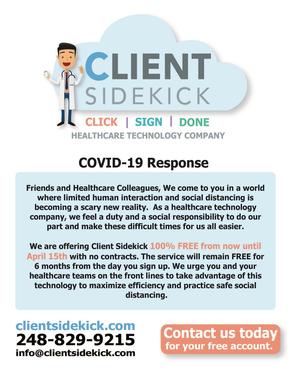 ClientSideKick's tweet image. Client SideKick is offering it’s services at no cost for limited time only
1- #ReferralManagement 
2- #OrdersManagement
3- #FacetoFaceManagement

Two way communication between physicians &amp;amp; agency providers 
ClientSideKick.com
#HomeHealth #Hospice #Covid19 #Physician #Doctor