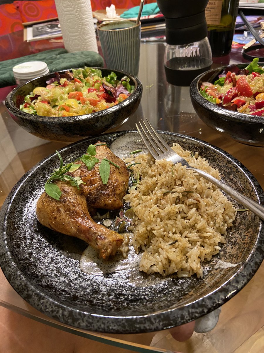 Day 7 (3/23) - lunch was the soup again, dinner was roast chicken leg with herbs, duck fat rice, and salad with homemade citrus vinaigrette