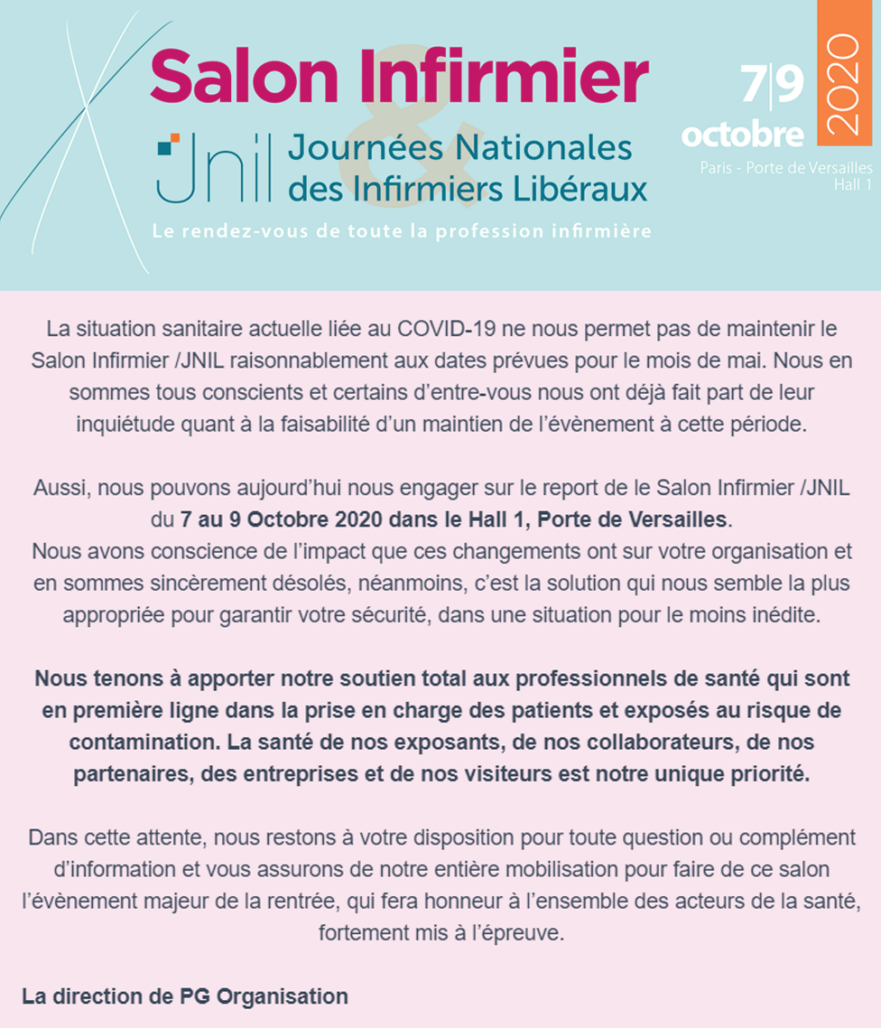 ⚠REPORT DES DATES #SI20 - #JNIL20 ⚠  ⬇

En raison de la situation sanitaire actuelle liée au #COVID19 et afin de garantir votre sécurité, le Salon Infirmier/JNIL 2020 sera reporté du :

📅7 au 9 Octobre 2020, Porte de Versailles, Hall 1

#SI20 #JNIL20 #infirmiers #infirmieres