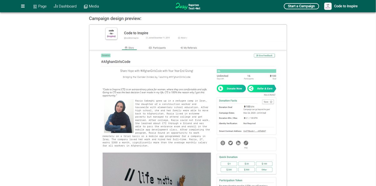 2keyNetwork's tweet photo. The beauty of #Blockchain is immutability.

Right before you launch your 2key campaign, we added a preview page.

This allows you to check out your campaign design just before you deploy the smart contract forever ♾

Start a campaign &amp; check it now! 👇
https://t.co/xH6DPAM3yT https://t.co/z99teow5zS