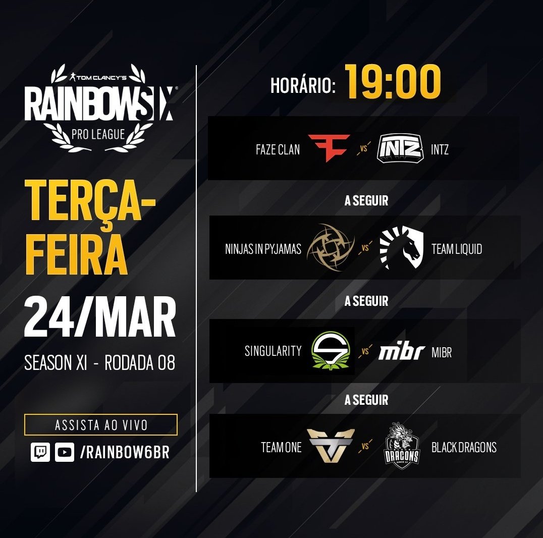 FirstNewsFT's tweet photo. [R6] Hoje temos a volta da Pro League Season XI LATAM após o Six Invitational. Os confrontos de hoje serão:

@FaZeClan x @INTZ 
@NiPGaming x @TeamLiquid 
@SNG_Esports x @mibr 
@teamoneesports x @blackdragonsBR

GL https://t.co/bNrMD6Zjs3