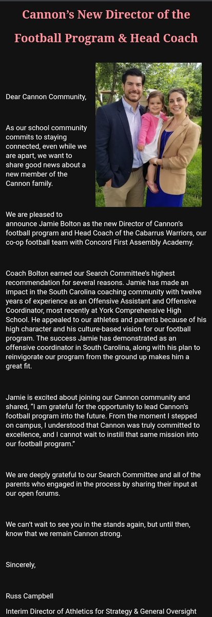 Coach_JBolton's tweet photo. I am extremely excited to be named the next Head Football Coach of the Cabarrus Warriors/Football Program Director at The Cannon School. It truly is a blessing, and I can't wait to get started! #thewarriorway https://t.co/sSS3OJW4N6