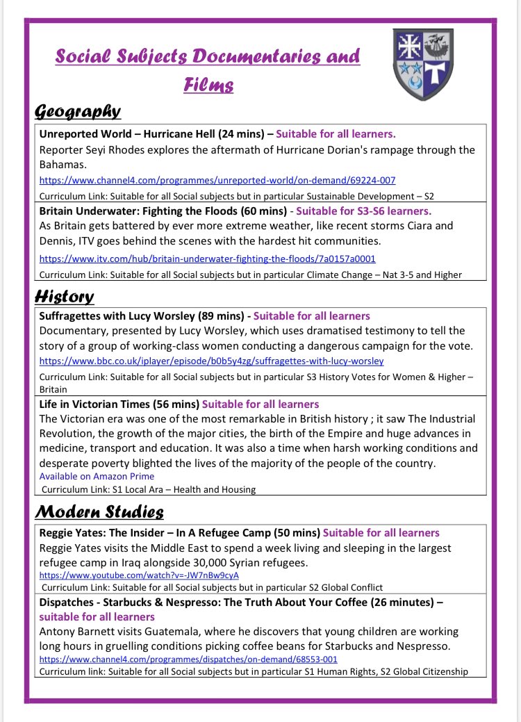 Home learning isn’t just written work. Here’s a list of documentaries which will enhance your Social Subjects knowledge! Pay attention to the info about suitability. The document is also on sharepoint where you’ll find a new one each week. <a href="/HolyRoodRCHigh/">Holy Rood RC HS</a>