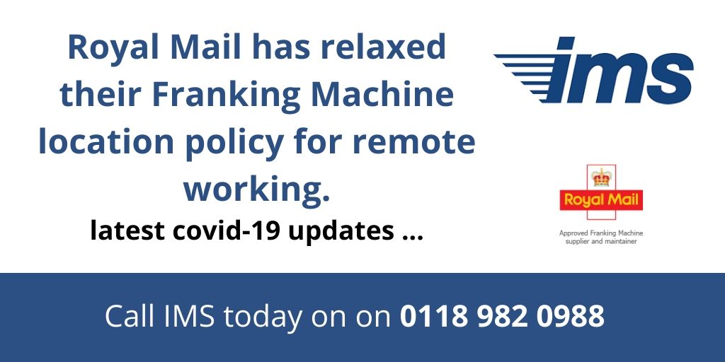 IMSfranking's tweet photo. Royal Mail has announced relaxed rules for remote workers using franking machines, to read the latest COVID-19 updates from Royal Mail visit the website https://t.co/49gSAXx9mP https://t.co/FwIaQmJpM2