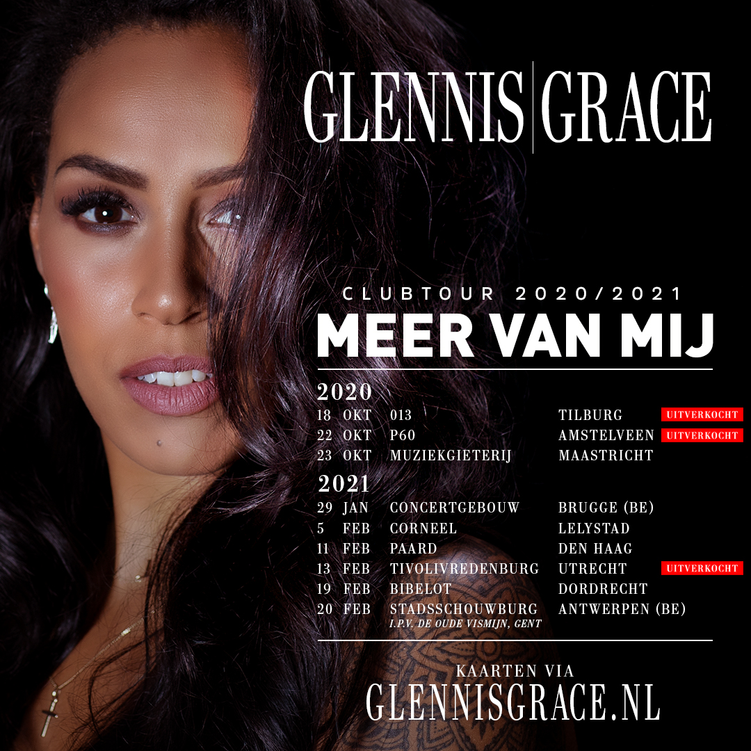 M'n clubtour van april en mei wordt verschoven. Kaarten blijven geldig voor de nieuwe datum. Alle data en kaartverkoop op glennisgrace.nl #besafe 💜🙏🏾#meervanmij #musicismylife🎶 #mybandisbetterthanyours
