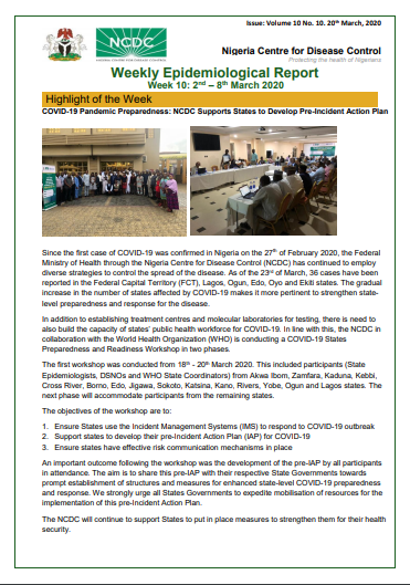 NCDCgov's tweet photo. The NCDC Weekly Epidemiological Report #NCDCWER has been published on our website

This week's editorial focuses on the States Preparedness and Readiness workshop convened by NCDC &amp; @WHO to build states' capacity for #COVID19Nigeria

Read here https://t.co/9TUVHNlrEp https://t.co/pSwfJGeUbf