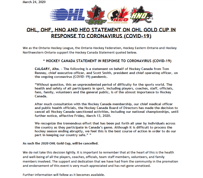 STATEMENT | The 2020 <a href="/OHLGoldCup/">OHL Gold Cup</a> will be cancelled. We do not take this decision lightly. It is important to remember that at the heart of this is the health and well-being of all involved.

FULL RELEASE ⤑ loom.ly/mPZvPOw