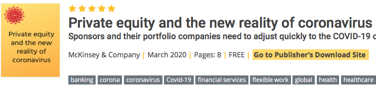 ResearchFinder's tweet photo. This great report examines the impact of #COVIDー19  in the #privateequity  sector and offers an outline of the emerging playbooks for private equity companies and their portfolio firms to react to this health threat.https://t.co/3Rb71EHCWA… @AlexEdlich @McKinsey https://t.co/ej3HtNkASh