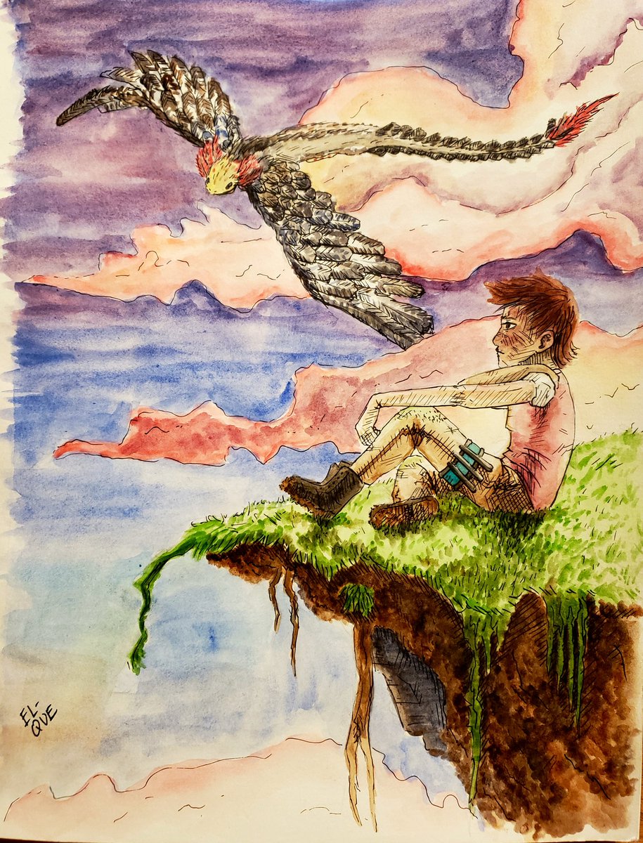 Sketched this out a while ago and finally got around to finishing it 
-
#illustration #el_que #fantasy #painting #watercolor #ink #linework #inking #dragon #riverdragon #cliff #clouds #dusk #evening #sunset #feathereddragon #pondering #mohawk #oc #art #artwork #moss #vines #grass