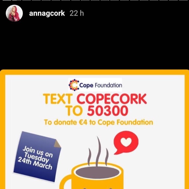 Thanks for the support 
<a href="/AnnaGCork/">Anna Geary</a>
 
Having a #Cup4Cope to support 
<a href="/CopeFoundation/">COPE Foundation</a> keep their vital #cork services going.
<a href="/CorksRedFM/">Red FM</a>