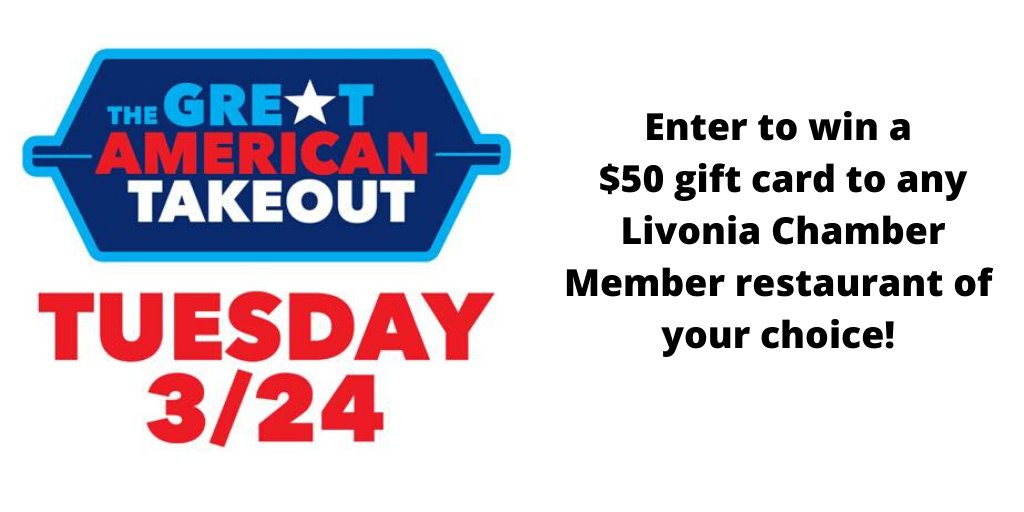 L_WChamber's tweet photo. Join us in celebrating The Great American Takeout! Share a picture of your takeout meal for a chance to win a $50 gift card to any Livonia Chamber restaurant of your choice! Visit https://t.co/549HNcnzWx
Submissions will be collected at 11:59p #GreatAmericanTakeout #lovelivonia https://t.co/SFz5cOkBBz