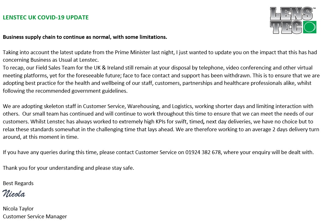 Update from Lenstec UK on COVID-19