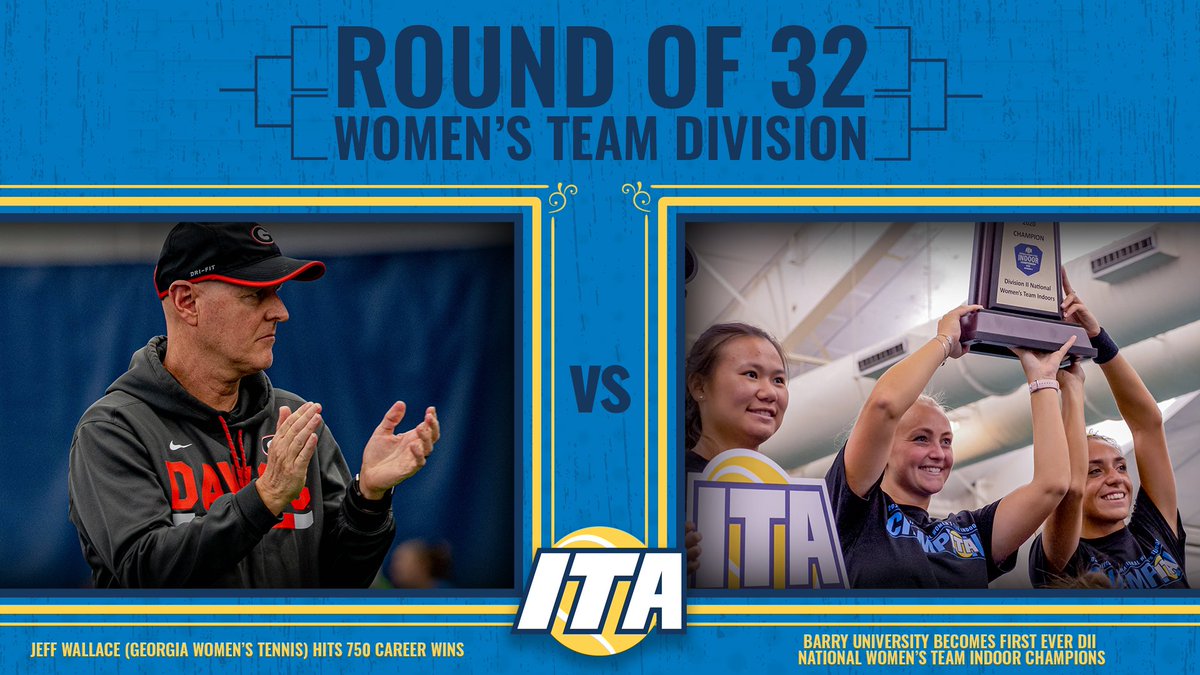 Women's Team Division - Round of 32

<a href="/UGAWomensTennis/">Georgia Women's Tennis</a> HC Jeff Wallace hits 750 career wins
🆚
<a href="/BarryUWTen/">Barry University Women’s Tennis</a> becomes first ever DII National Women's Team Indoor Champions

RT for <a href="/UGAWomensTennis/">Georgia Women's Tennis</a> , LIKE for <a href="/BarryUWTen/">Barry University Women’s Tennis</a> 

#WeAreCollegeTennis🎾