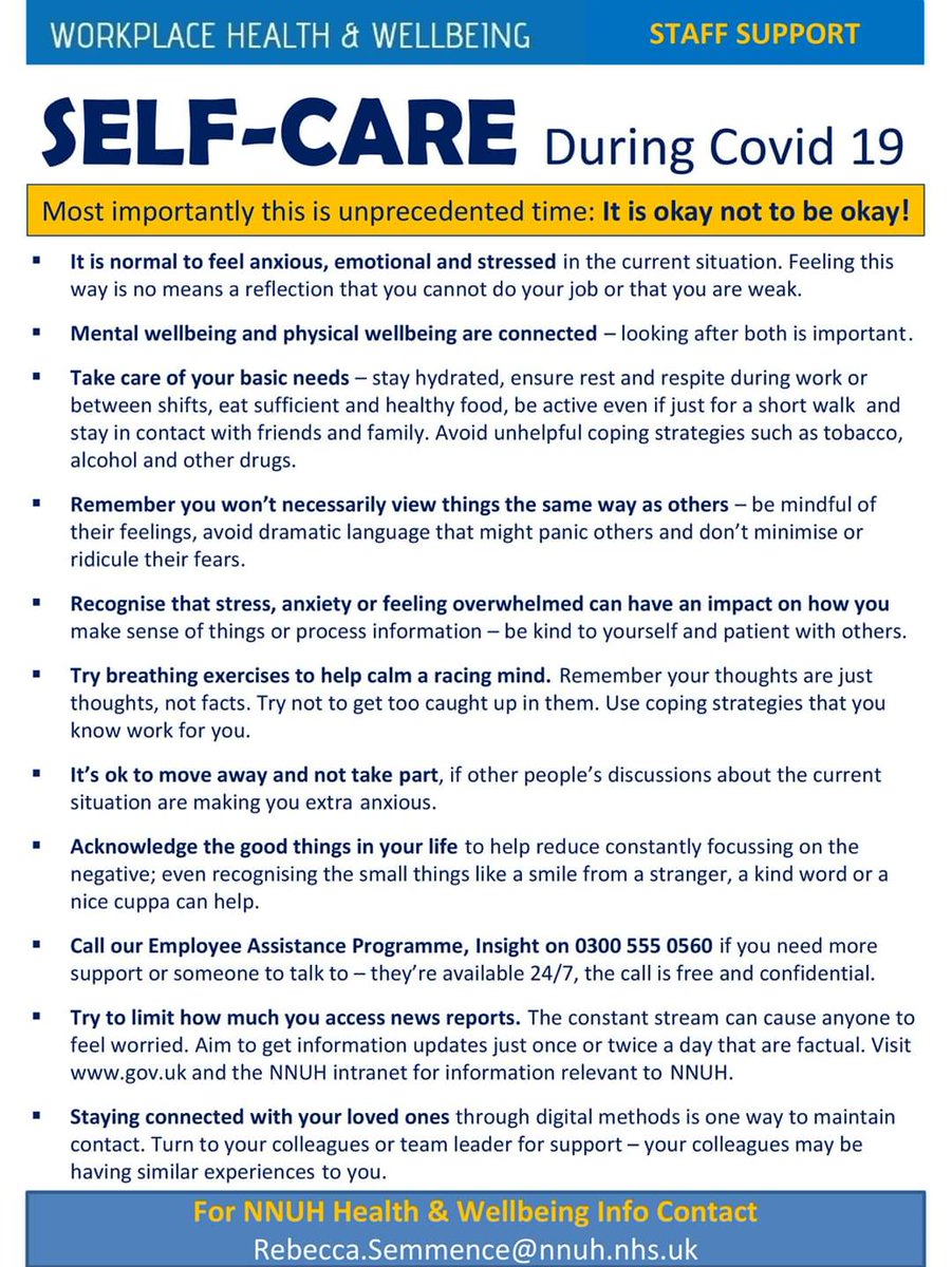 To all our @nnuh staff please remember Self-Care at this very stressful time.

If you would like this poster emailed to you so that you can display it in your rest areas please message or email me. 

Stay Safe...

<a href="/NNUH/">Norfolk and Norwich University Hospitals</a> <a href="/NNUH/">Norfolk and Norwich University Hospitals</a>_Speak_Up <a href="/NNUH_Library/">NNUH Library</a> <a href="/NICUNNUH1/">NICU@NNUH</a> <a href="/EDNNUH/">ED NNUH</a> <a href="/NNUH_AMU/">Acute Medical Unit</a>