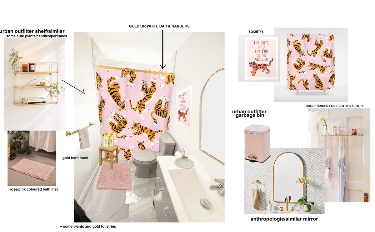 mocked up the bathtub bathroom in our new house we get in april last night since we can't go out and look for things ~ pink tigers & gold everything ✨?? 