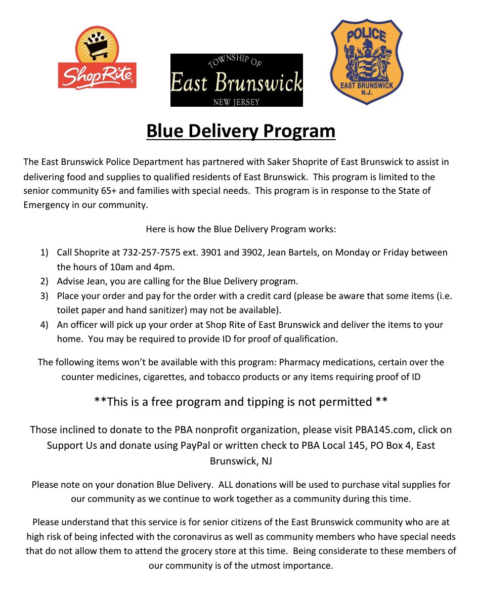 EBPD has partnered with Saker Shoprite of East Brunswick to assist in delivering food and supplies to qualified residents of East Brunswick. This program is limited to the senior community 65+ &amp; families with special needs.  This program is in response to the State of Emergency.