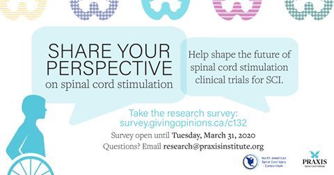 Do you have a few minutes to share your views on SCI research? We have partnered with @praxis_sci on an online survey about perspectives on spinal cord stimulation. The survey closes March 31st so click here to help shape the future of SCI research: survey.givingopinions.ca/c132