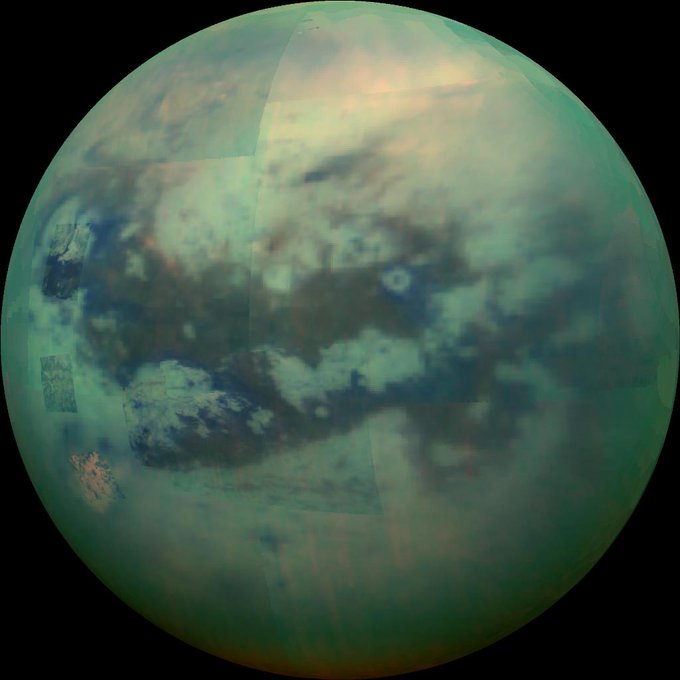 Color photo of the moon Titan. 
