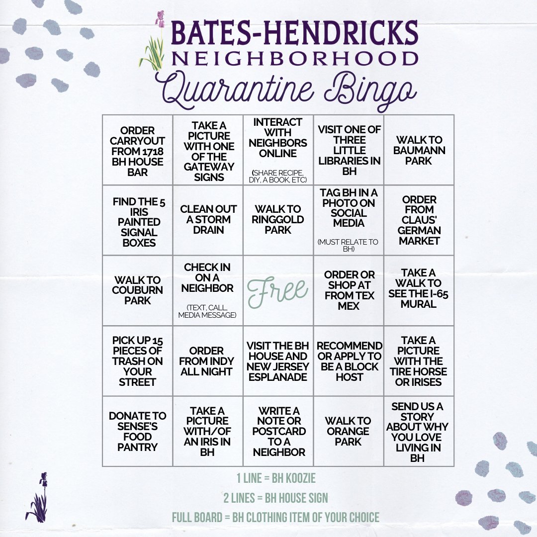 BatesHendricks's tweet image. Support local businesses, build community (at a distance), and explore our beautiful neighborhood with... Bates-Hendricks Quarantine Bingo!! 

Complete one or two lines or the entire board to win BH prizes! Tag us in photos, #bateshendricks, or share screenshots as you go!