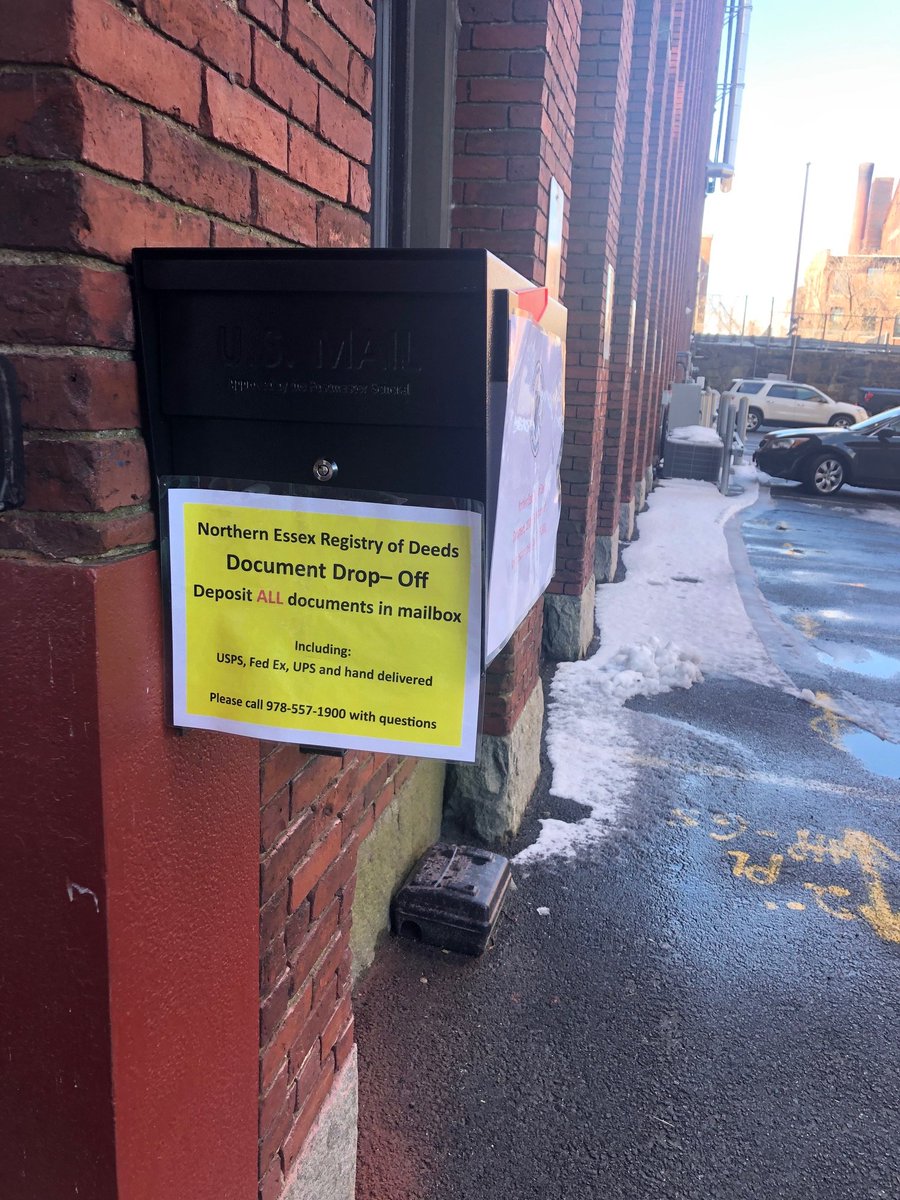 LawrenceDeeds's tweet image. As of 12 noon on 3/24 the Northern Essex Registry is open ONLY for document drop off outside of the building.  We are suspending LLC and certificate of good standing pick up until further notice.  Please leave your documents in the clearly labeled mailbox outside of our building.