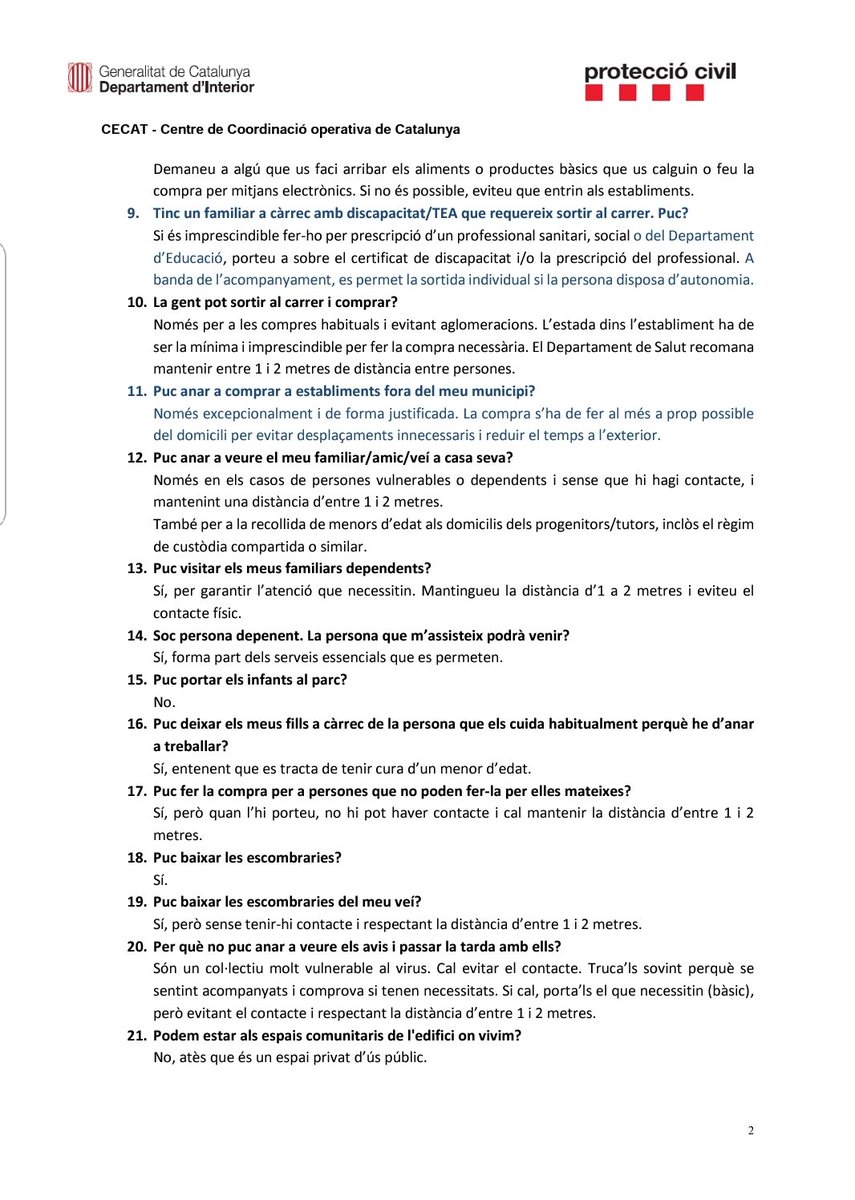 emergenciescat's tweet photo. NOU FAQs amb novetats sobre persones amb familiars amb TEA, compres en altres municipis, transport de mercaderies, visites a sales de vetlla i tràmits per defuncions, botigues d'electrodomèstics, distàncies entre treballadors... #protecciocivil #coronavirus #COVID19 https://t.co/6Z3SDKKx2J