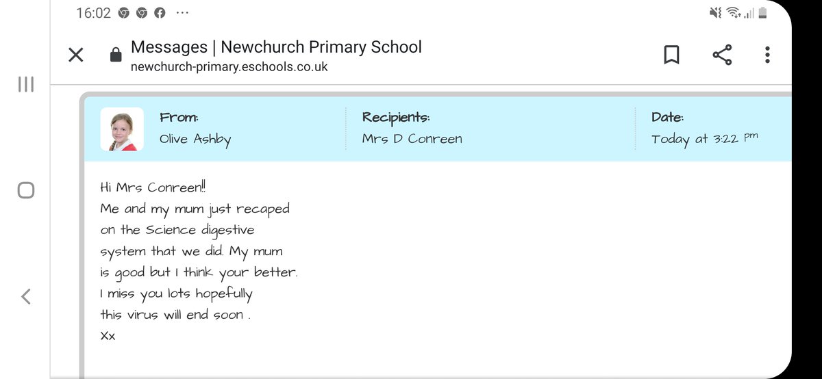 HelenAshby's tweet photo. @NewchurchCP Just saw this little note from Olive to her gorgeous teacher. Cant fault her honesty! Keep safe our robins xx https://t.co/ahoTqPxOb2