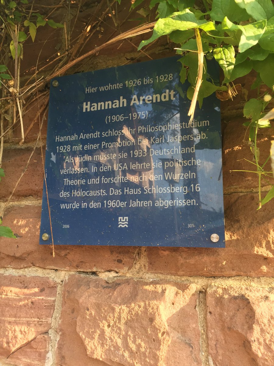 After a semester with Edmond Husserl at the University of Leipzig, Hannah Arendt moved to Heidelberg to write her dissertation on Love and Saint Augustine with Karl Jaspers. She lived beneath the castle at Schlossberg 16.