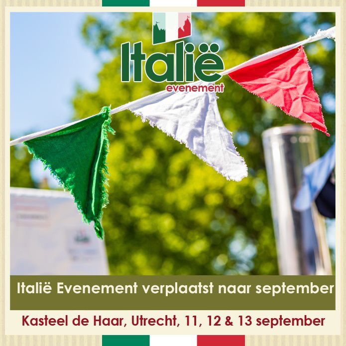 Met betrekking tot de aangescherpte maatregelen rondom het coronavirus COVID-19, is het Italië Evenement verplaatst naar 11, 12, 13 september a.s. 
Meer info. via: bit.ly/3aha0hd
Blijf gezond, zorg goed voor jezelf, en anderen. In bocca al lupo Italia! 🇮🇹🙏💙