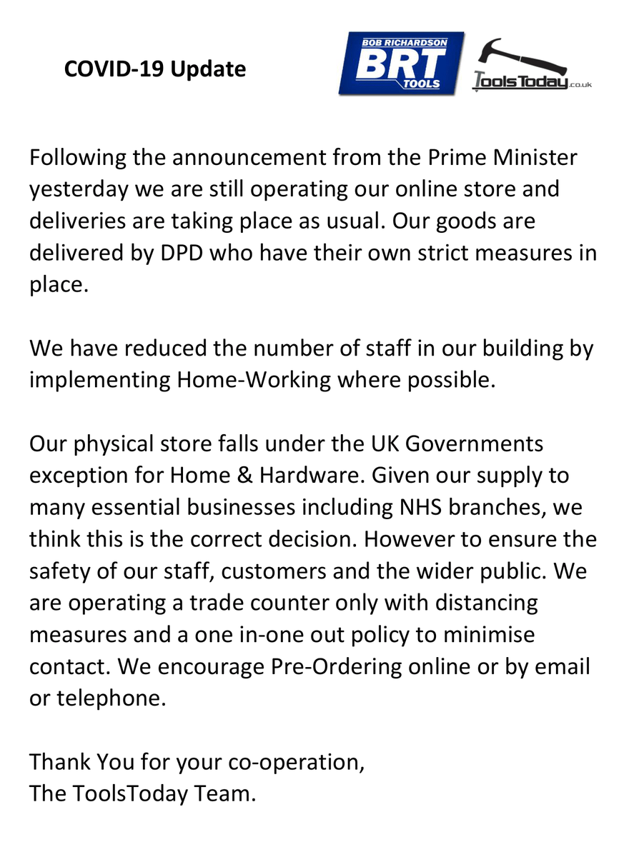 A message from the ToolsToday team #StaySafe

Latest information can be found here
toolstoday.co.uk/coronavirus