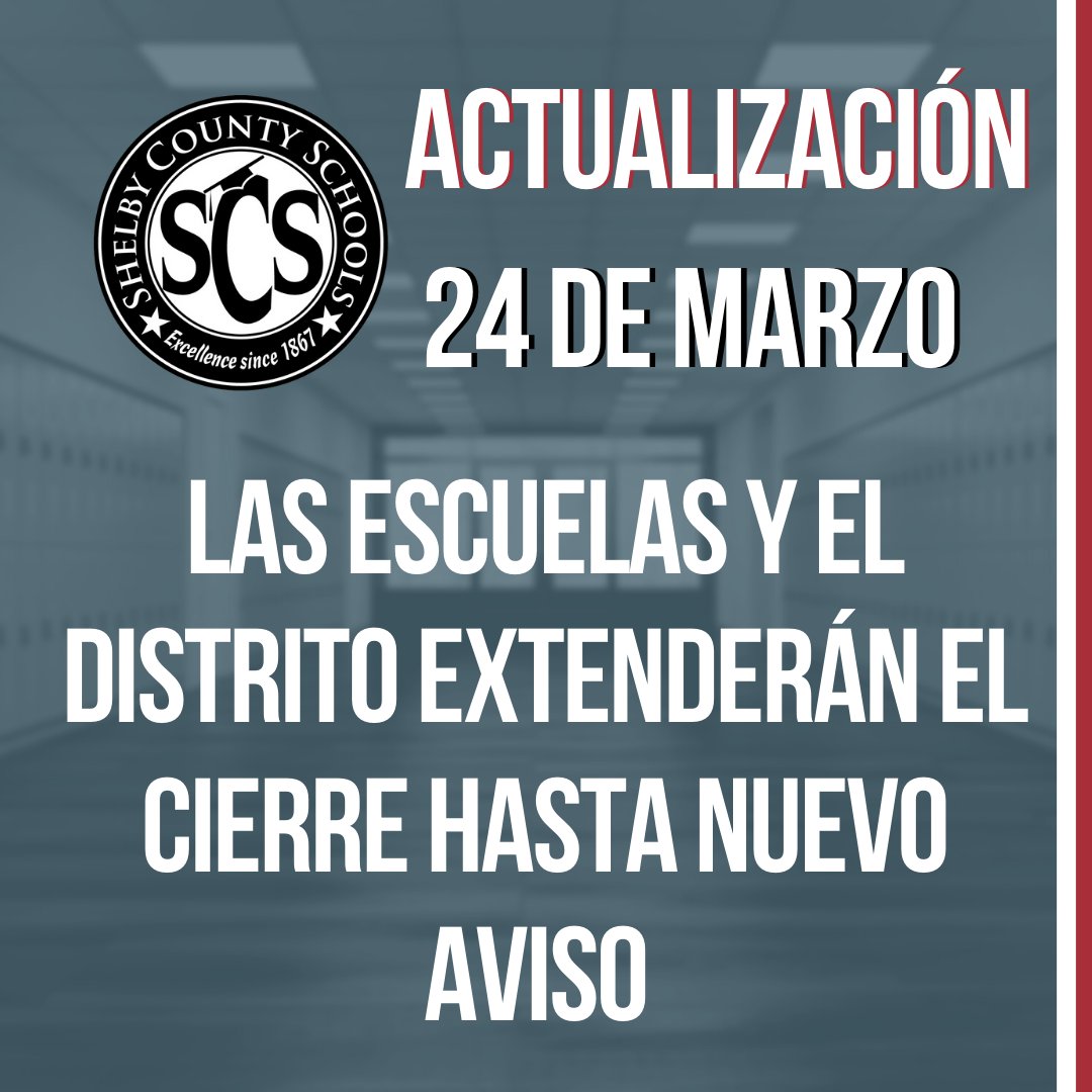 Siguiendo el mensaje del Gobernador diciendo que todos los distritos escolares de Tennessee cierren hasta el 24 de abril, el Superintendente Ray ha anunciado que todas las escuelas y oficinas del distrito de SCS permanecerán cerradas hasta aviso adicional.