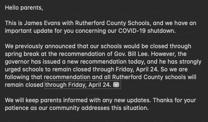 rucoschools's tweet photo. Following today’s recommendation from @GovBillLee, Rutherford County Schools will remain closed through Friday, April 24.

Full announcement below. 

Message to parents and employees under way. https://t.co/3ryeyiK2Nd