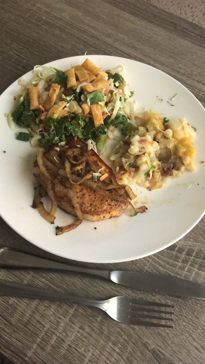 NSDwx's tweet photo. BBQ seasoned pork chop, cheddar bacon chive cauliflower, sesame Asian salad. #StayHome #SocialDistancingChef https://t.co/3Nx5rxWkrH