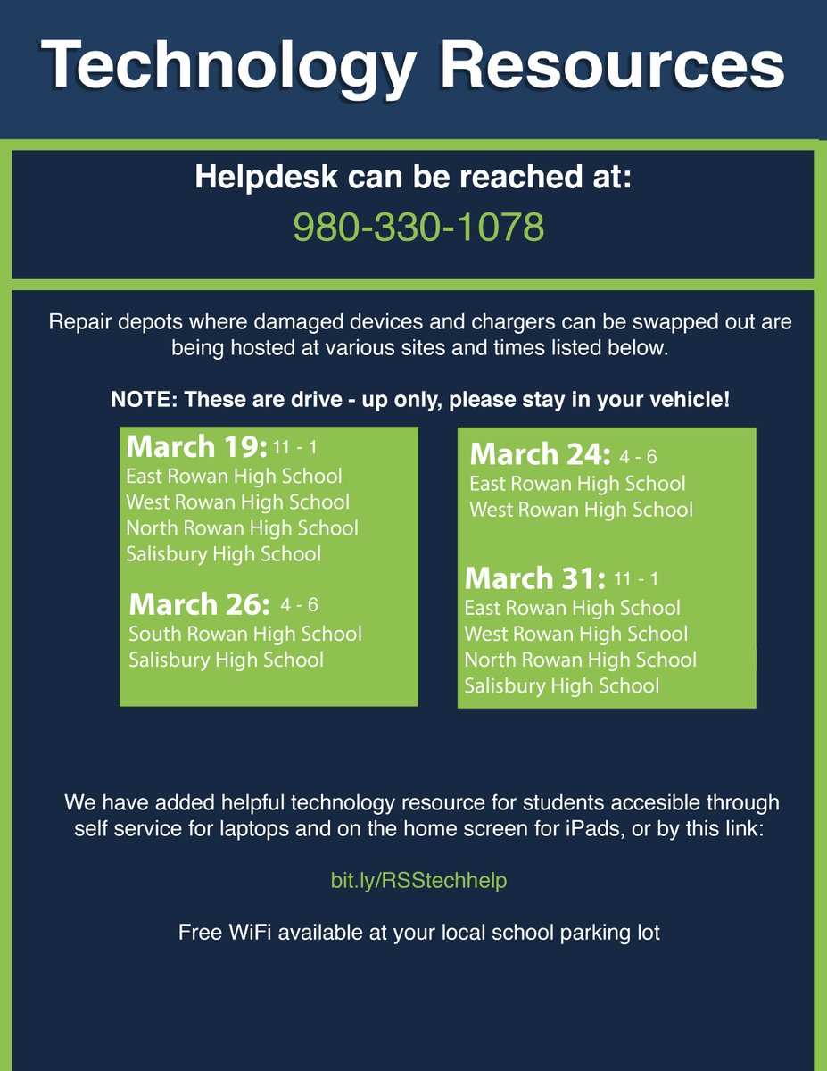 Even in the rain - RSS Tech staff swap out devices and chargers to keep our student eLearning moving forward...    Help Desk #980-330-1078

rssed.org

RSSeLearning
RSSinspires