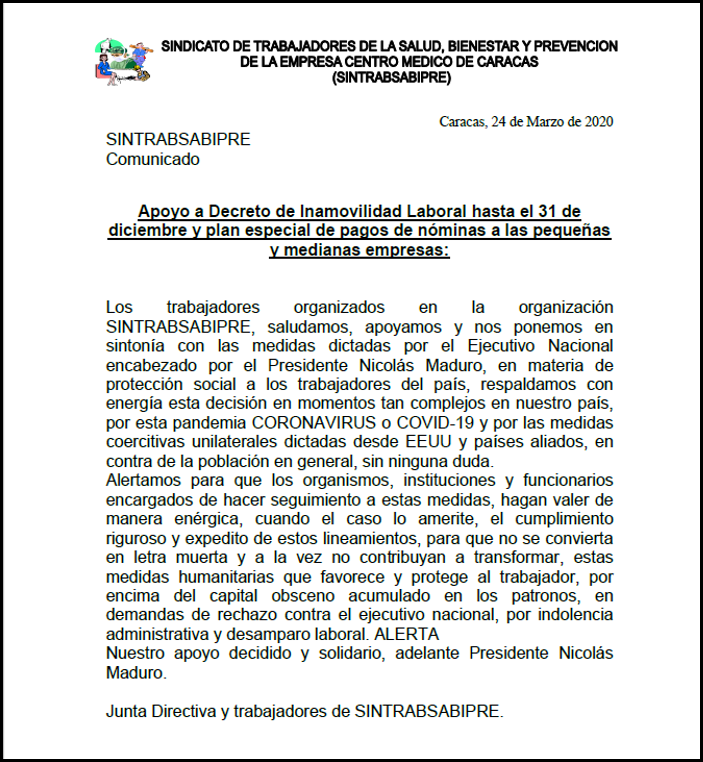 SINTRABSABIPRE's tweet photo. .@EduardoPinateS,@MPPPSTVe,@torrealbaf,@NicolasMaduro Nuestro apoyo a la ratificación de medidas de protección realizadas hoy por Tarek El Aissami con Decreto de Inamovilidad Laboral hasta el 31DIC20 y plan especial de pagos de nóminas a las pequeñas y medianas empresas https://t.co/IpOVI8wiWg