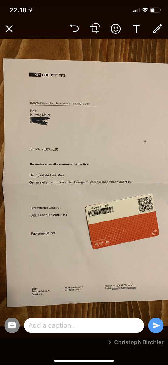 So sieht vorbildlicher Kundendienst aus! Gestern den Swiss Pass verloren, heute lag er schon wieder in meinem Briefkasten. Vielen Dank dem Finder und der effizienten SBB! <a href="/RailService/">RailService SBB CFF FFS</a>