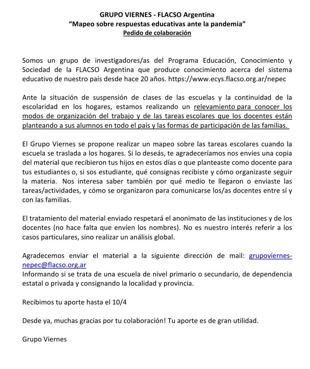 Estamos indagando las respuestas educativas ante la pandemia en el país. Nos ayudas en el relevamiento del material sobre las tareas escolares que enviaron las escuelas? Mil gracias!!!
#Grupoviernes 
<a href="/FLACSOARGENTINA/">FLACSO Argentina</a> 
#EscuelaEnCasa 
#SeguimosEducando
