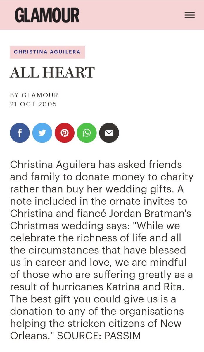 In 2005, Christina Aguilera donated her wedding gifts to American charities in support of Hurricane Katrina victims. “The best gift you could give us would be a donation to any of the organisations helping the stricken citizens of New Orleans”