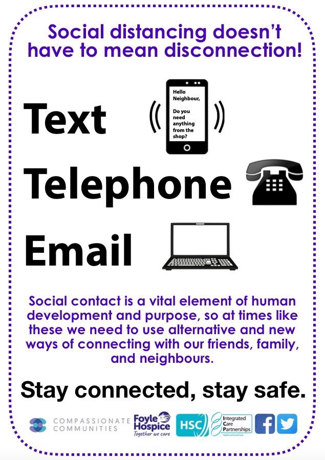 Just because we have to #StayAtHome doesn’t mean we have to disconnect. In the coming weeks stay #connected with family, friends, and neighbours. You could be what gets them through. #Isolation #SocialDistancing #ConnectedCommunities #CompassionateCommunities