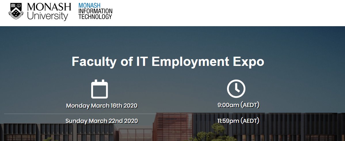 MonashInfotech's tweet image. Our students couldn’t attend a physical #careers expo, so we brought the expo to them. 

That’s right, the VIRTUAL #MonashInfoTech Employment Expo ran Monday to Sunday last week, 24 hours a day. And it saw over 1,100 students join and network with reps from 40+ organisations 🎉.