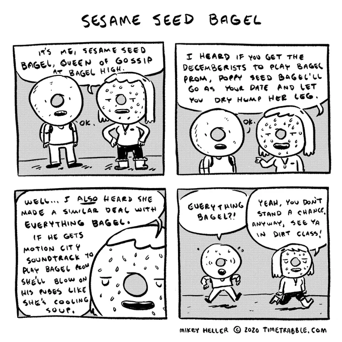 i drew a comic about Sesame Seed Bagel, Queen of Gossip at Bagel High 