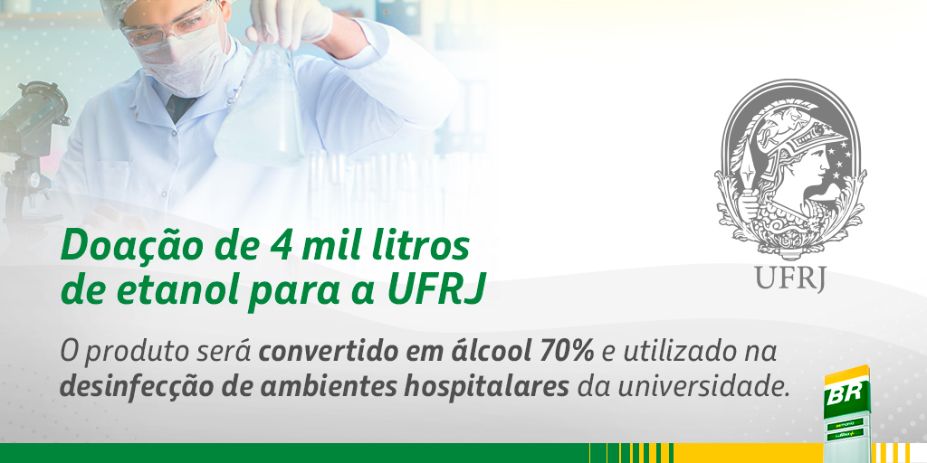 O momento exige responsabilidade e solidariedade.  Doamos 4 mil litros de etanol para a UFRJ, que irá produzir  álcool 70% para ser utilizado na higienização de macas, corredores, elevadores etc dos 9 hospitais da universidade. Estamos a postos por você, a postos pelo país.