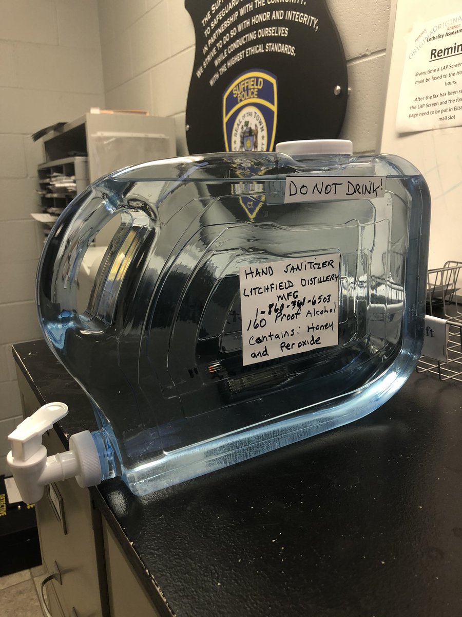 SuffieldPolice's tweet image. Special Thanks to @LitchfieldDist for their “Home brew” hand sanitizer.  We can’t thank you enough.  #StayHomeStaySafe