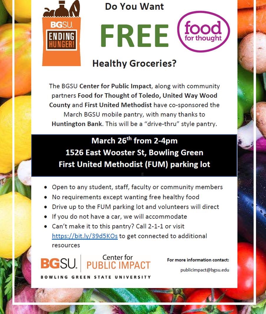BGSU Students! Are you in need of fresh groceries during these unprecedented times? Check out the flyer for more information on the Mobile Food Pantry happening this Thursday from 2-4pm.