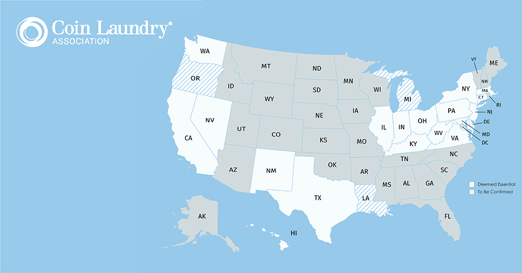 CLA is lobbying the Department of Homeland Security’s CISA agency to identify #Laundromats as part of the essential critical infrastructure workforce.

The below map shows states that have confirmed #Laundromats as an "essential service" and more we are currently monitoring.