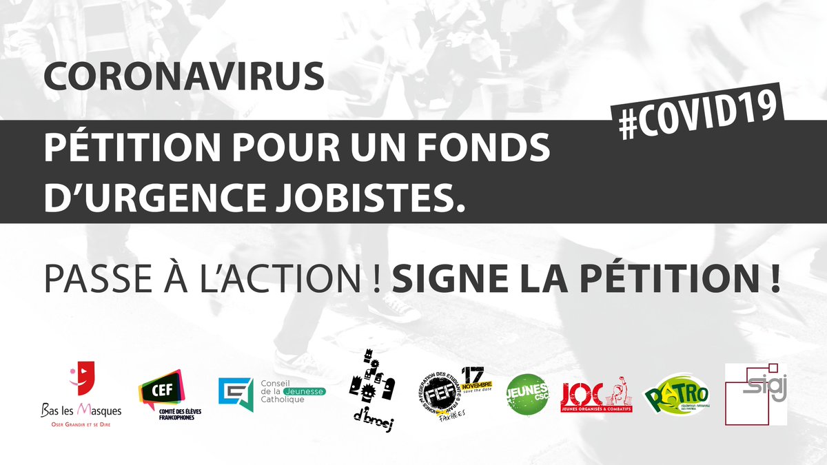 JeunesCSC's tweet photo. || Covid-19: PÉTITION! ||
📣Les jobistes sont privés de revenus, mobilisons-nous!
❗️Plusieurs associations demandent un fonds d'urgence! 📝Signez la pétition!
↪️ https://t.co/ka6evLHHK5
◾ #COVIDー19 #begov #COVID19BE #COVID19 #Emploi #Coronavirus #Etudiant #Jobiste https://t.co/weGydOwKTJ
