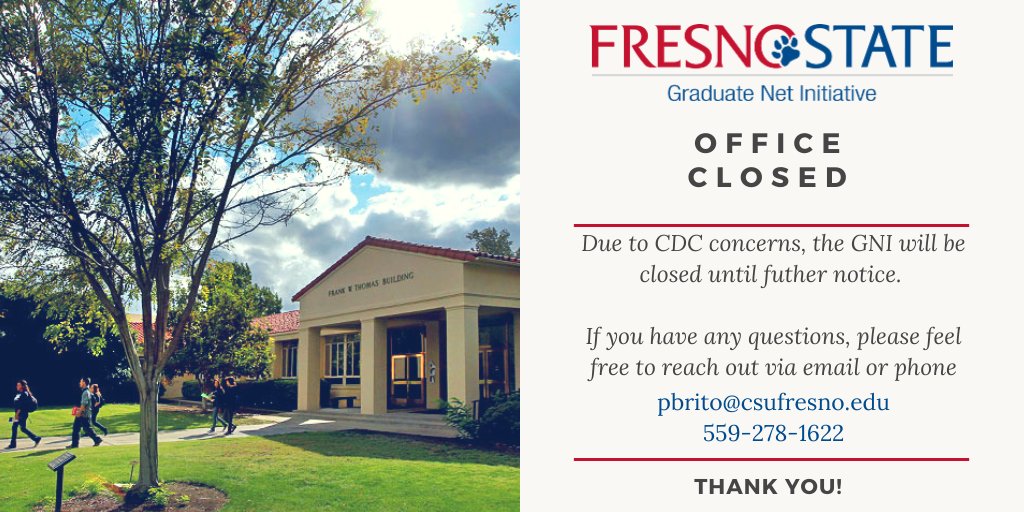 FS_GradNet's tweet image. Hey, @Fresno_State #GradStudents - Please note that although the Graduate Net Initiative office is closed, we are still more than happy to take any questions via email or phone. Thank you!