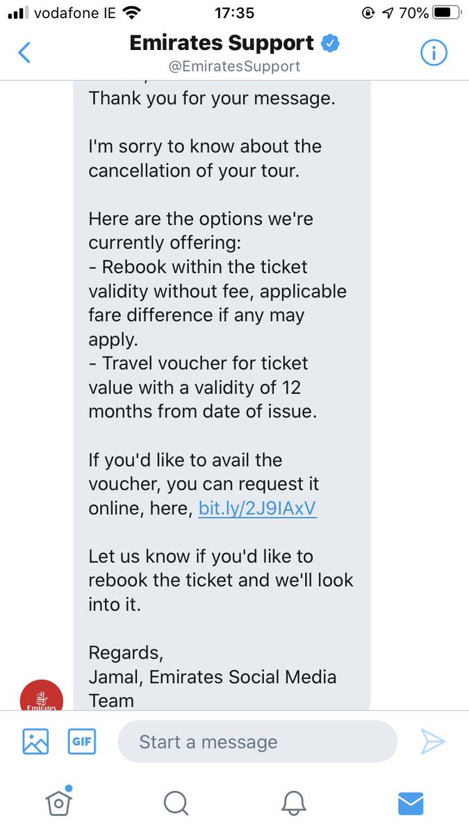 AshlingBarry's tweet photo. @DrTKearney @EmiratesSupport Hi Trudy, of course this is what they said however I’m unable to process the travel voucher online as there seems to be an error on the page! Waiting for their reply on that https://t.co/mag6eqfpCs