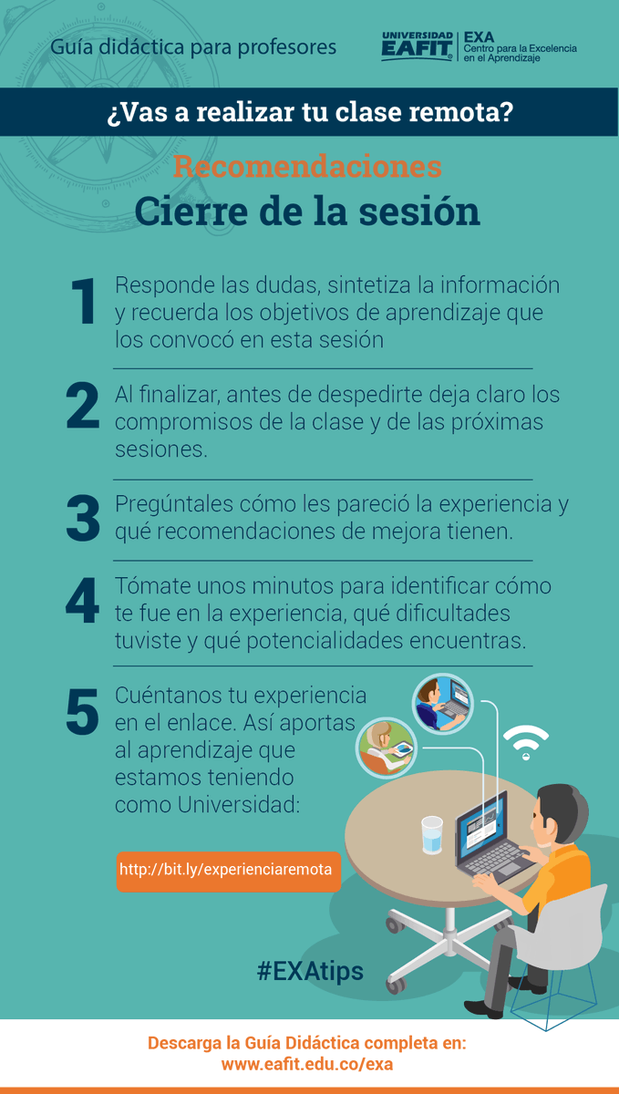 EXA_EAFIT's tweet photo. Profe, ¿cómo realizas el cierre de tu clase remota? 
Te compartimos algunas recomendaciones para aplicar al terminar la sesión. #EXAtips | Aprende más en https://t.co/G76I3QCJ16 https://t.co/8YbRVd3gJR