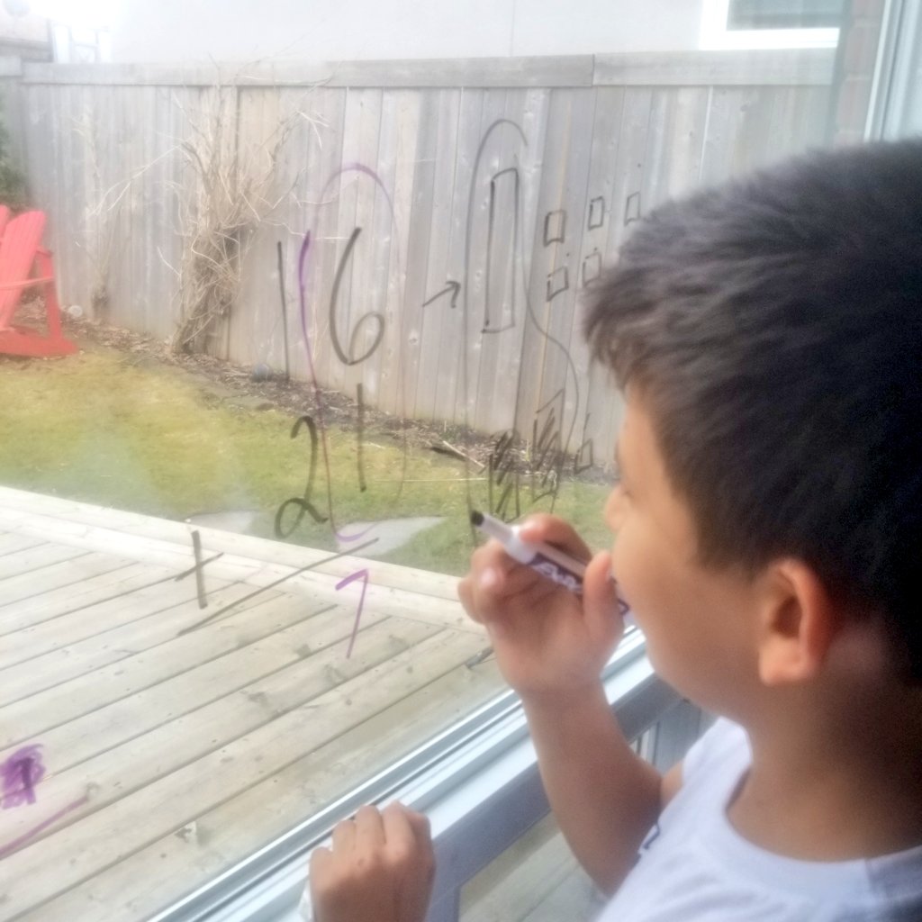 MrsNHamel's tweet photo. Jack thought this was fun...math on the window! @HOFAM_DPCDSB @DP_math https://t.co/ZAS68r2SMv